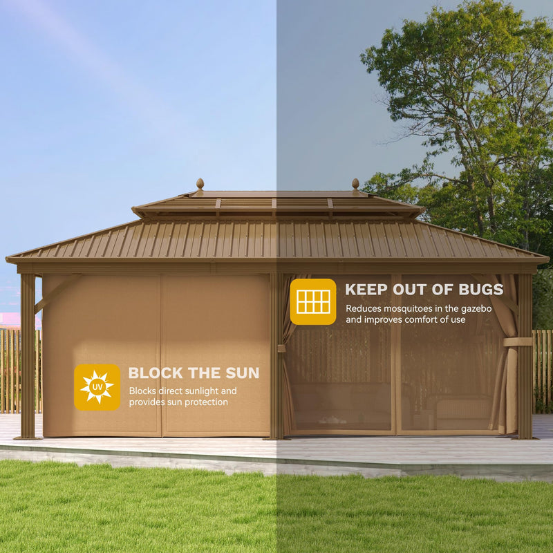 DWVO 12x20 ft Hardtop Gazebo Outdoor Heavy Duty Aluminum Gazebo with Nettings and Curtains, Combined of Horizontal and Vertical Stripes Roof for Patio, Backyard, Deck, Lawns and Balcony, Bronze