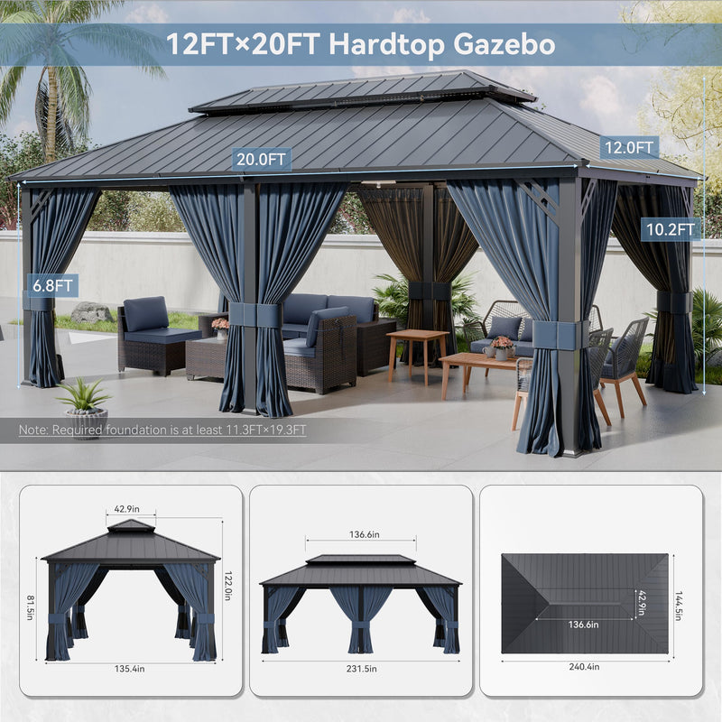 Kurapika 12' x 20' Hardtop Outdoor Metal Gazebo with Galvanized Steel Double Roof Canopy, Curtain and Netting, Aluminum Permanent Pavilion Gazebo, Navy Blue