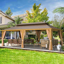 YOLENY 14'x24' Gazebo, Wooden Finish Coated Aluminum Frame Pergola with Double Galvanized Steel Hardtop Roof, Outdoor Permanent Metal Pavilion with Curtains and Nettings for Patio, Backyard and Deck