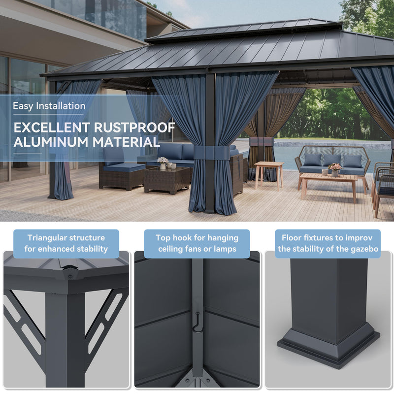 Kurapika 12' x 20' Hardtop Outdoor Metal Gazebo with Galvanized Steel Double Roof Canopy, Curtain and Netting, Aluminum Permanent Pavilion Gazebo, Navy Blue
