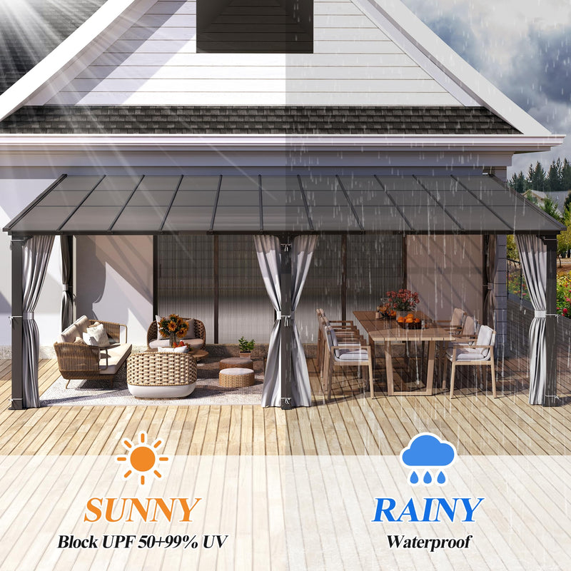 GARTOO 12’ x 20’ Gazebo for Patio - Aluminum Lean to Gazebos Pergola with Sloping Roof, Outdoor Wall-Mounted Canopy Awnings to House for Patio, Garden, Lawn, Backyard Deck