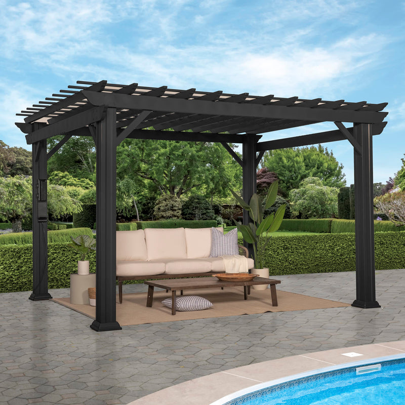 Backyard Discovery Stratford 12' x 10' Traditional Galvanized Steel Pergola Kit with Shade Sail Canopy, Powder-Coated Finish, All-Season Durability, High-Wind Rating for Outdoor Patio, Deck, Garden