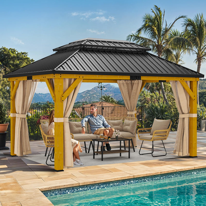 YITAHOME 13x15ft Wood Gazebo Outdoor Wooden Frame Double Roof Hardtop Galvanized Steel Top Canopy w/Curtain and Netting, Patio Heavy Duty Gazebo for Deck, Backyard, Golden