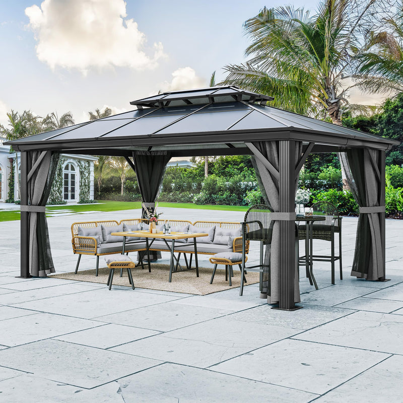 YITAHOME 12x16FT Polycarbonate Gazebo Double Roof Canopy Outdoor with Netting and Shaded Curtains, Aluminum Frame Polycarbonate Hardtop Garden Tent for Patio, Backyard, Deck and Lawns, Grey