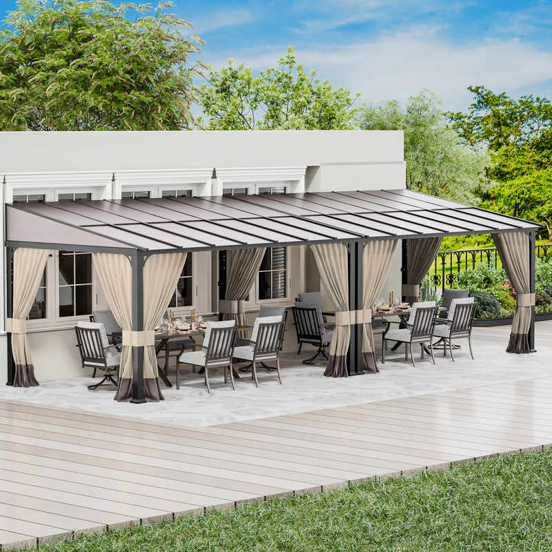 RTDTD 10' x 28' Gazebo，Hard Top Lean to Gazebo Wall Mount Heavy Hardtop Gazebos Outdoor Pergola with Curtains and Netting for Patio Garden Lawn Backyard Deck (Brown)