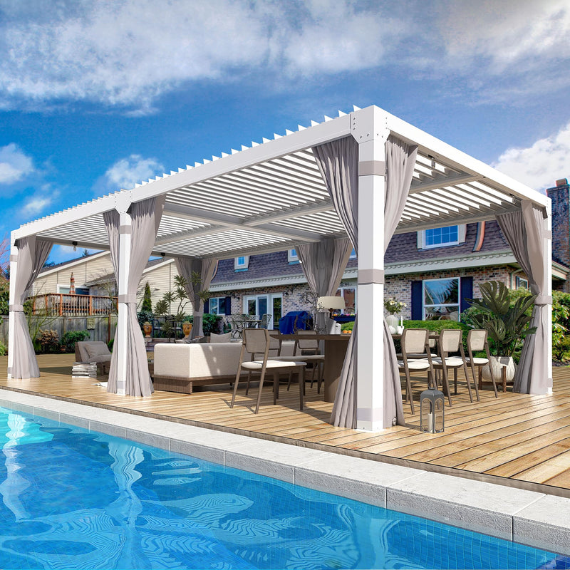 YOLENY Louvered Pergola 10x20, Aluminum Gazebo with Adjustable Waterproof Roof, Curtains and Netting Included, Deck and Backyard, White