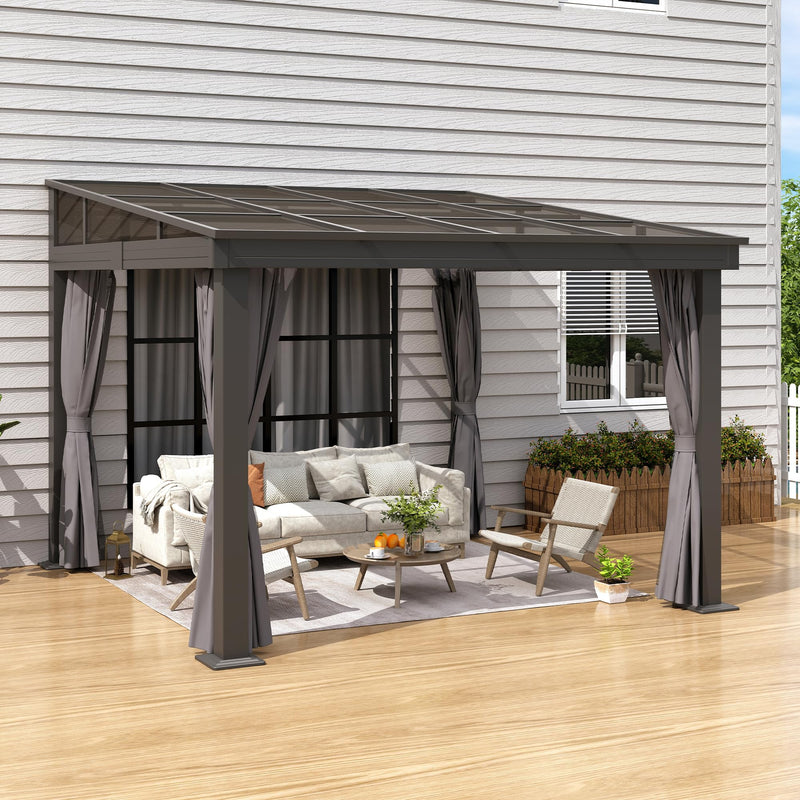 Raysfung 10' x 10' Wall Mounted Gazebo, Lean to Gazebo with Aluminum Frame, Polycarbonate Hardtop Gazebos Pergola with Sloping Roof for Outdoor, Backyard, Patio