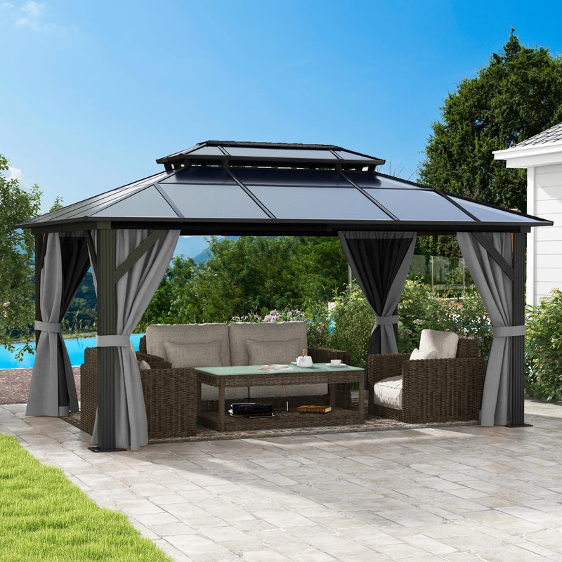 YITAHOME 10x13FT Gazebo Polycarbonate Hardtop Double Roof Canopy Outdoor with Netting and Shaded Curtains, Aluminum Frame Garden Tent for Patio, Backyard, Deck and Lawns, Grey