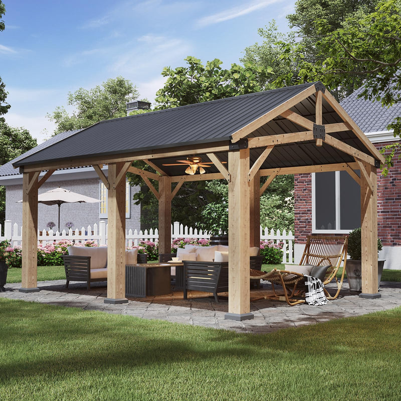 Aoxun 12' x 16' Outdoor Wood Gazebo, Hardtop Gazebo Permanent Wooden Pavilion with Galvanized Steel Gable Roof, for Patio, Garden, Deck, Cedar Wood