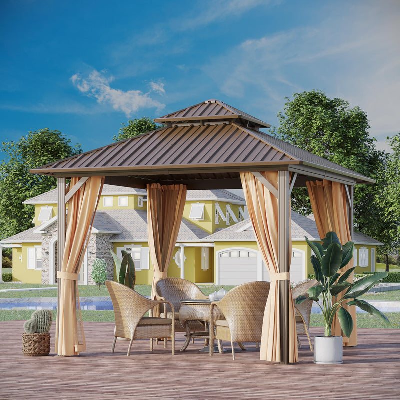 GAZEBEST 10x10 ft Hardtop Gazebo Outdoor Aluminum Patio Gazebo Double Roof Galvanized Steel Canopy with Netting and Curtains for Garden, Backyard,Deck and Lawns