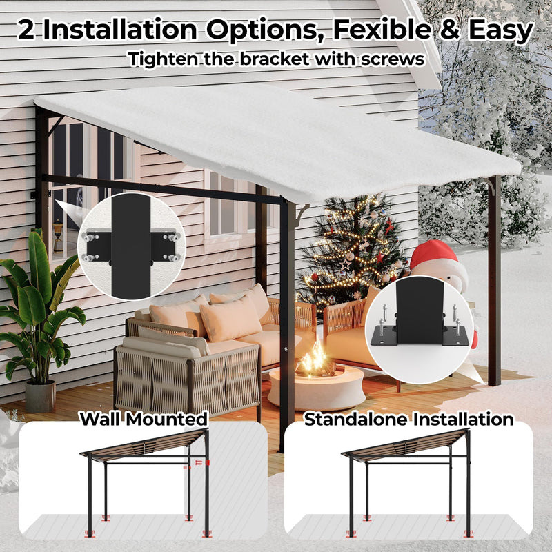 10'x 10'Wall Mounted Gazebo, Hardtop Lean-to Pergola with Polycarbonate Roof, Heavy Duty Outdoor Patio Awnings for Deck, Porch, Backyard, Garden, Weather Resistant, Brown
