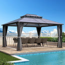 GARTOO 12x14FT Polycarbonate Hardtop Gazebo with Double Roof - Heavy-Duty Steel Frame Gazebo with Breathable Netting & Privacy Curtain for Patio, Porch, Garden, Lawn, Deck, Backyard