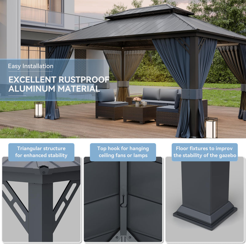 Kurapika 12' x 16' Hardtop Outdoor Metal Gazebo with Galvanized Steel Double Roof Canopy, Curtain and Netting, Aluminum Permanent Pavilion Gazebo, Navy Blue