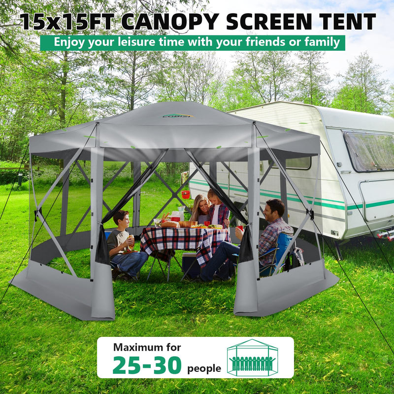 COBIZI Pop Up Gazebo Screen Tent Screen House for Camping, 15x15 Screen Room with Mosquito Netting, Hub Tent Instant Screened Canopy with Carrying Bag and Ground Stakes, Gray