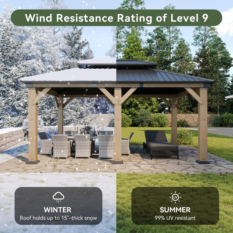 Aoxun 12' x 16' Outdoor Wood Gazebo, Hardtop Gazebo Permanent Wooden Pavilion with Galvanized Steel Double Roof, for Patio, Garden, Backyard, Cedar Wood