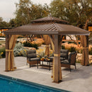 YITAHOME Gazebo 12x12ft Hardtop Heavy Duty Double Roof Outdoor Upgraded Galvanized w/Nettings Curtains Steel Combined of Horizontal Vertical Stripes Roof for Patio, Backyard, Deck, Lawn, Bronze