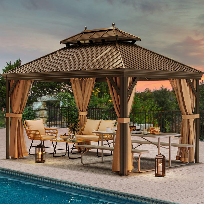 YITAHOME 12X16FT Metal Hard top Gazebo with Metal Steel Double Roof Canopy Galvanized Iron Aluminum Frame Garden Tent Curtains Netting for Patios Backyards Decks Lawns