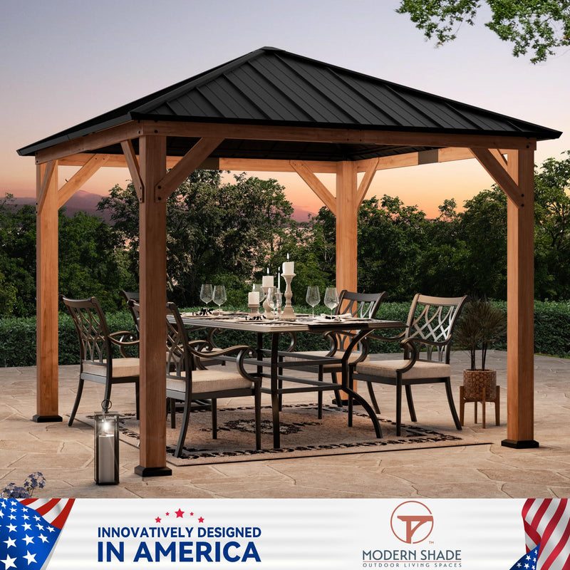 Modern Shade Tranquil Grove Wood Gazebo 10' x 10', Permanent Grill Gazebo with Galvanized Steel Hardtop Roof, Cedar Framed Wooden Pavilion for Garden, Backyard