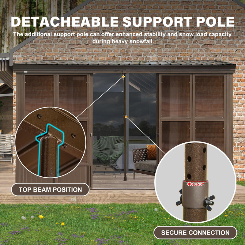 Domi 8x12FT Sun Room, Wall Mounted Gazebo Solarium with Galvanized Steel Sloping Roof, Moveable PC Screen, Front Door & 2 Side Entrance, Outdoor Aluminum Lean-to Sunroom for Patio Deck