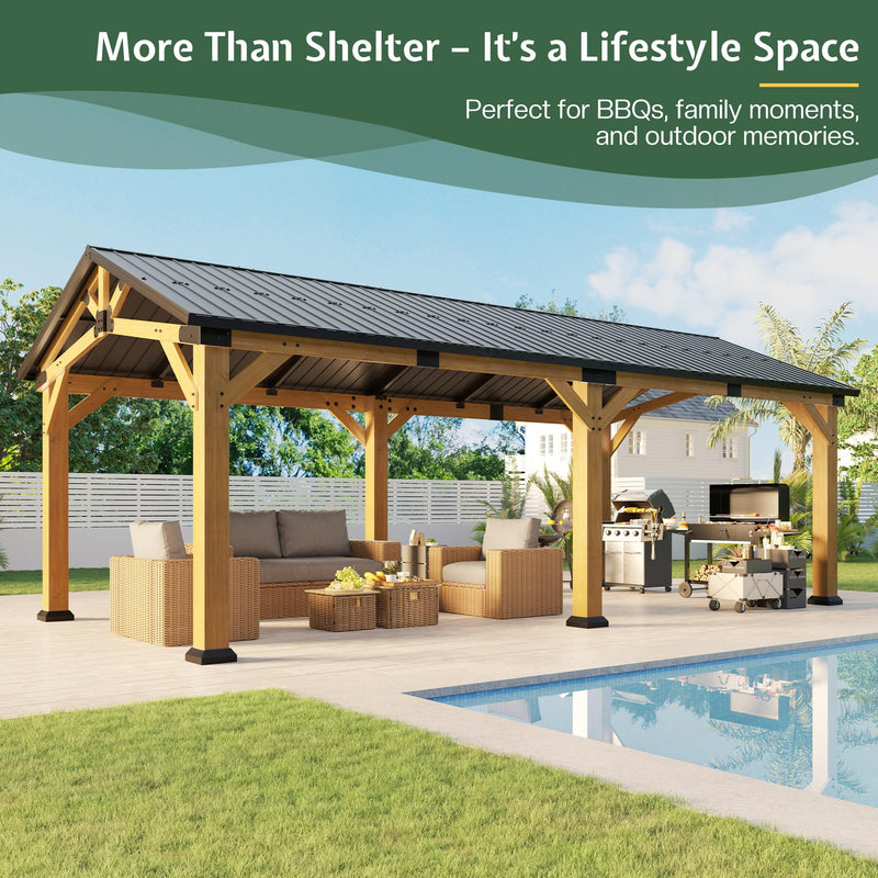 Jocisland 12x24x9.5 FT Cedar Wood Hardtop Carport with Steel Roof, Waterproof Outdoor Gazebo Pavilion, Heavy-Duty Snow & Wind Resistant Canopy for Patio, Driveway, Garden