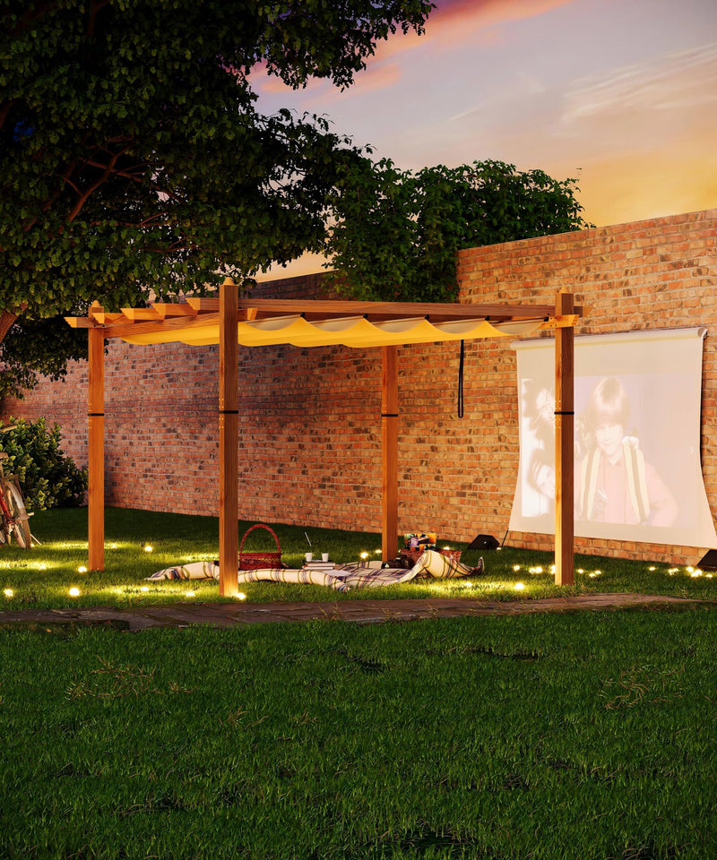 GarveeLife 10 x 13 Ft Wood-Grain Aluminum Pergola Outdoor Pergola with Retractable Canopy Sun Shade Shelter for Garden, Patio, Backyard, Deck - Khaki