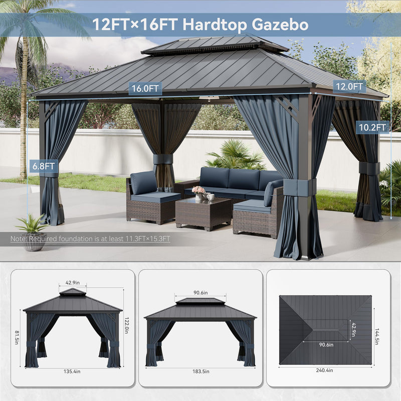 Kurapika 12' x 16' Hardtop Outdoor Metal Gazebo with Galvanized Steel Double Roof Canopy, Curtain and Netting, Aluminum Permanent Pavilion Gazebo, Navy Blue