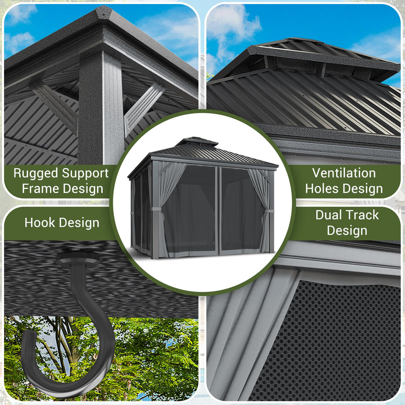 VIWAT 10x12 FT Hardtop Gazebo with Aluminum Frame, Galvanized Steel Double Roof Gazebo with Nettings and Curtains, Permanent Outdoor Metal Pavilion for Patio, Deck, Lawn and Garden, Gray