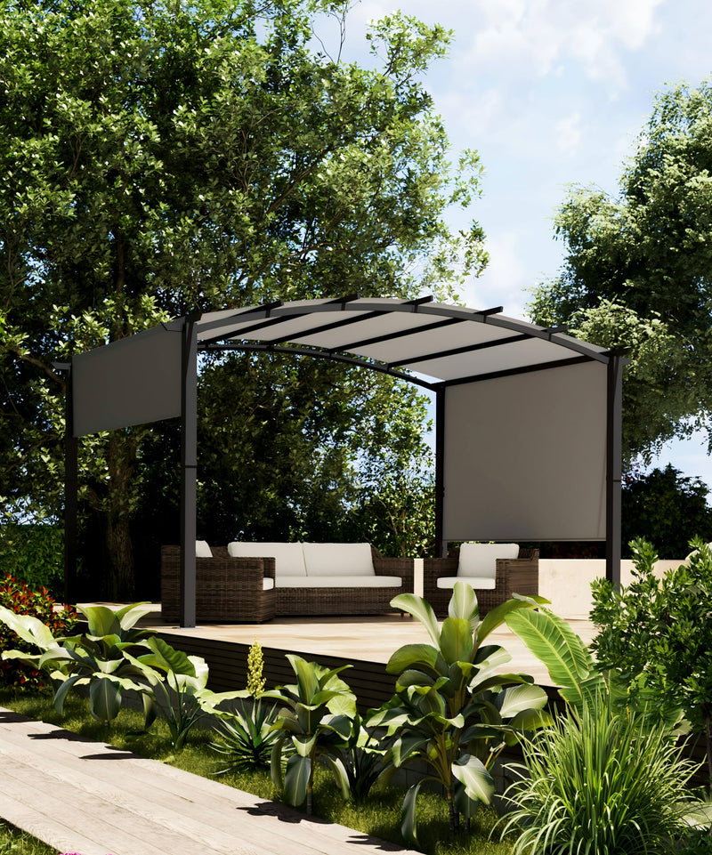 GarveeLife 12 x 9 Ft Outdoor Arched Pergola, Metal Pergola with Retractable Canopy, Arched Style Gazebos for Backyards, Lawn, Patios (Gray)
