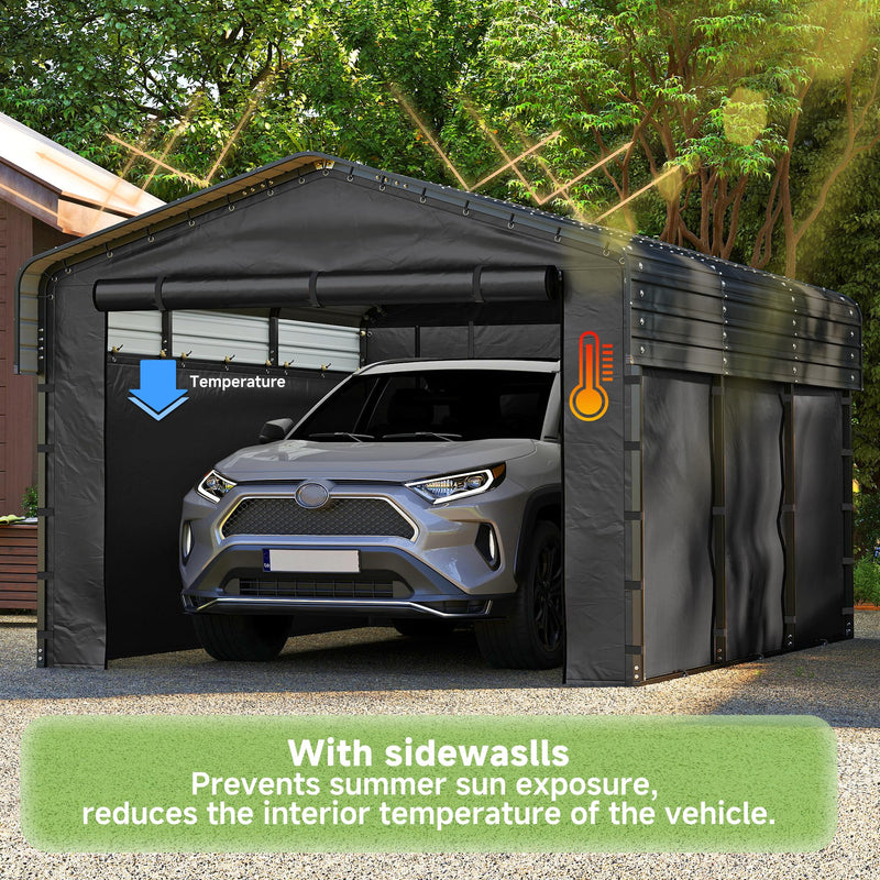 Real Relax 10x15ft Heavy Duty Metal Carport with Galvanized Steel Roof, Removable Sidewalls, Outdoor Car Port Shelter for Cars, Trucks and Boats, Gray