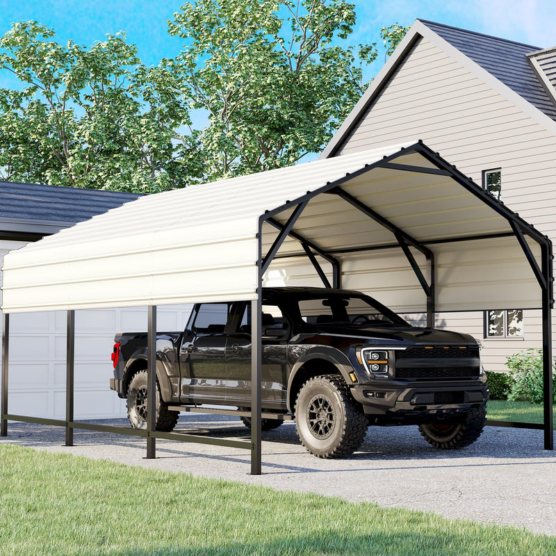 ADVANCE OUTDOOR Metal Roof Carports Kits 10x15 ft Heavy Duty Steel Car Canopy Hard Top Garage, White