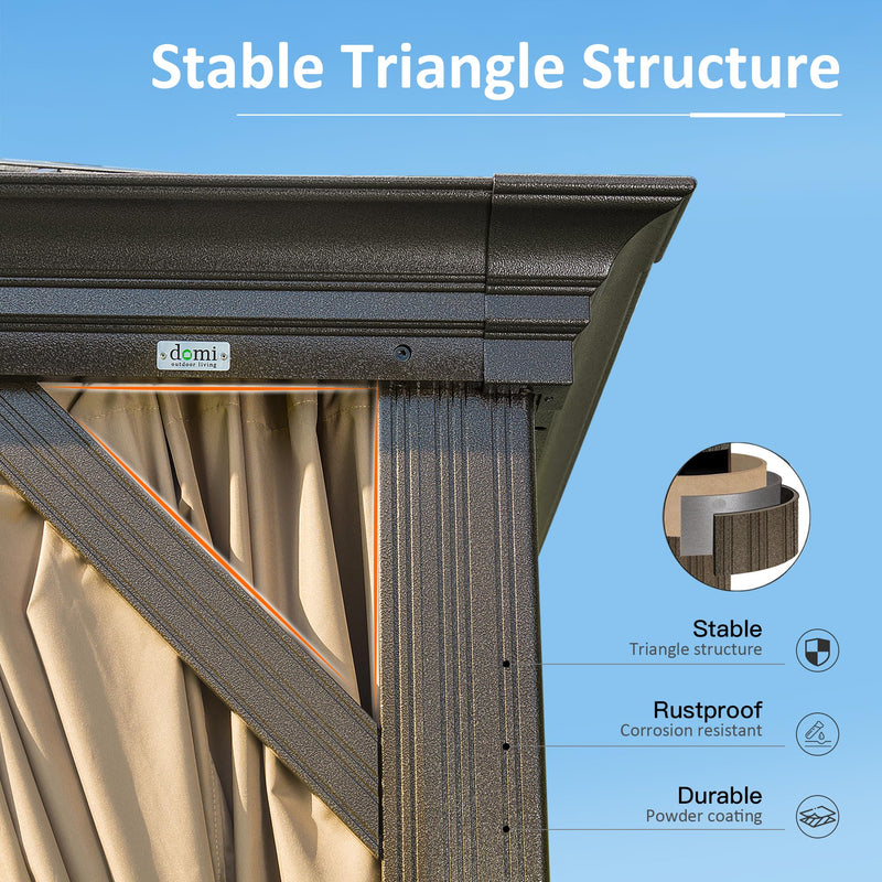 Domi 10' X 12' Hardtop Gazebo, Upgraded Metal Gazebo with Drainage System, Dual-Layer Galvanized Steel Roof, Curtain and Netting, Outdoor Shelter Canopy for Patio, Garden, and Backyard, Brown