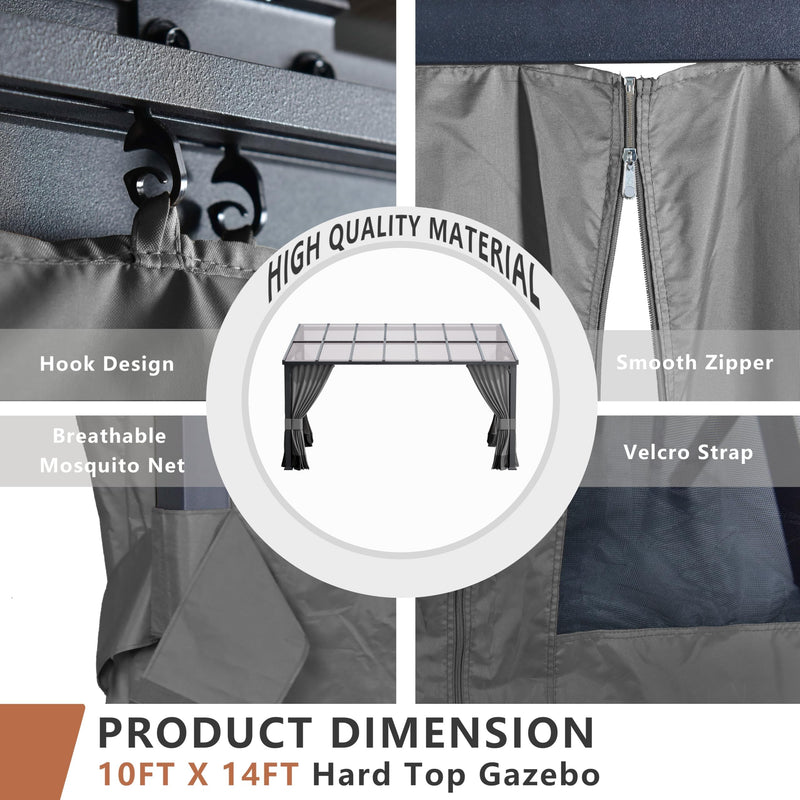 ALAULM 10'x 14' Outdoor Hardtop Pergola,Wall Mounted Lean to Gazebo with Curtains and Netting,Galvanized Metal Frame,Sunshade for Patio, Backyard, Deck and Lawns-Gray