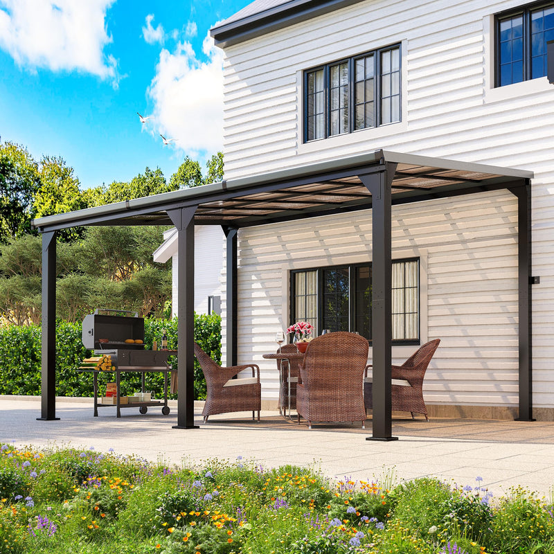 Pamapic 10 * 14FT Wall Mounted Gazebo,4*4 Inch Thickened Pillars & Enlarged Base,Outdoor Hardtop Lean to Pergola,UV Resistant Polycarbonate Roof,Aluminum Frame Pergola,Outdoor Patio Awnings for Lawn