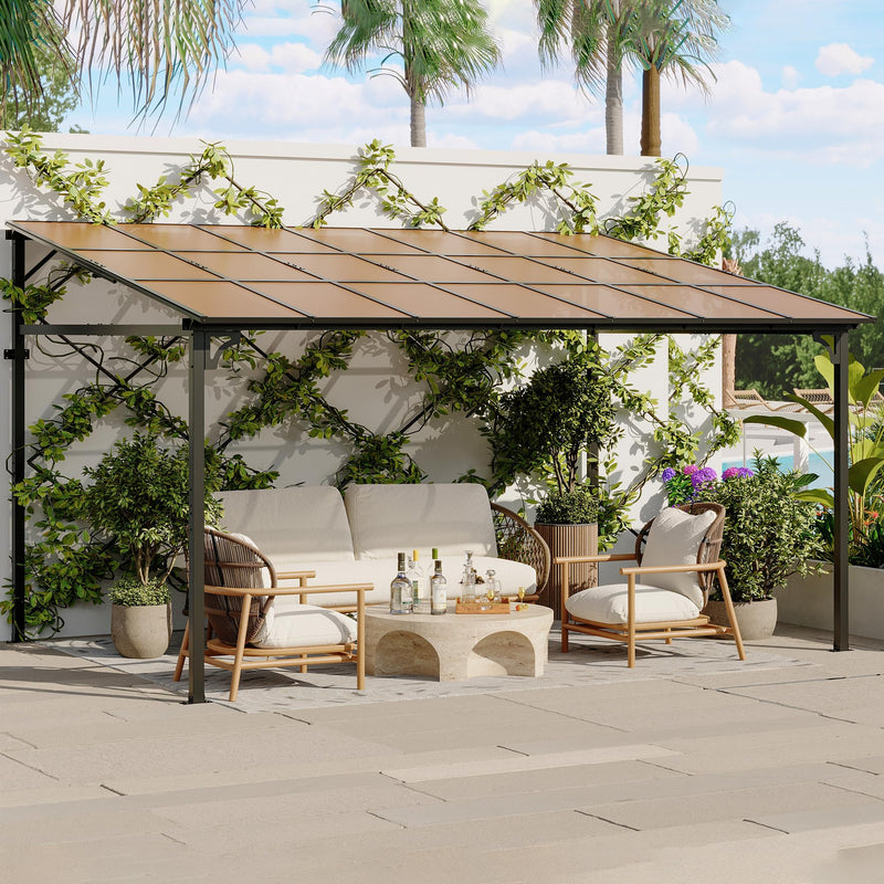 12' x 14' Gazebo, Large Wall Mounted Gazebos Pergola with Metal Frame, Hard Top Lean to Pergola, Outdoor Patio Lean to Metal Awnings Gazebos for Deck, Porch, Backyard