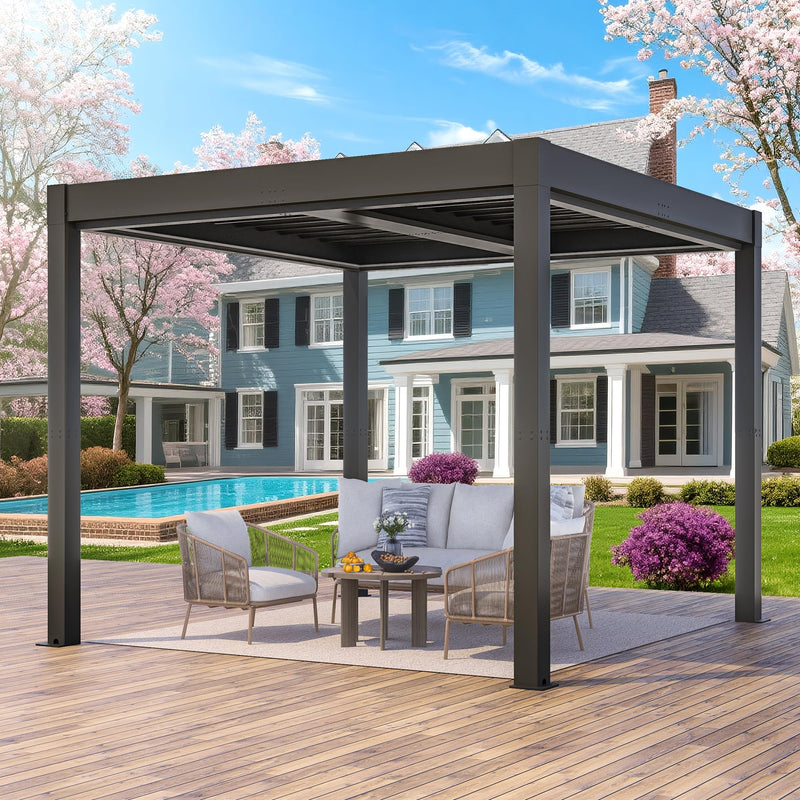 Greesum 10x10FT Outdoor Aluminum Pergola, Electric Adjustable Louvered Pergola with LED Lights and Gutter System, Metal Gazebo for Patio, Deck, Garden, Yard, Black