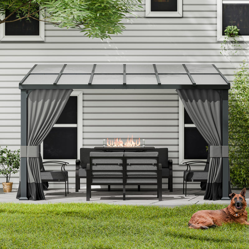 ASJMR 10x12FT Gazebo, Hardtop Wall Mounted Gazebo with Sloping Sun Panel Roof, Awnings for Patio with Metal Frame, Double Curtains for Garden, Lawn, Backyard Deck, Sand