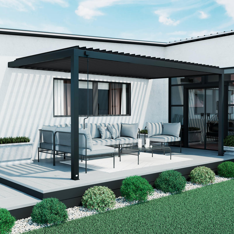 Backyard Discovery Evanston 18'x10' Galvanized Steel Wall-Mounted Louvered Pergola Kit with Adjustable Roof, Shade, Rain Protection, High-Wind Rating, PowerPort, Gutter System for Outdoor Patio, Deck