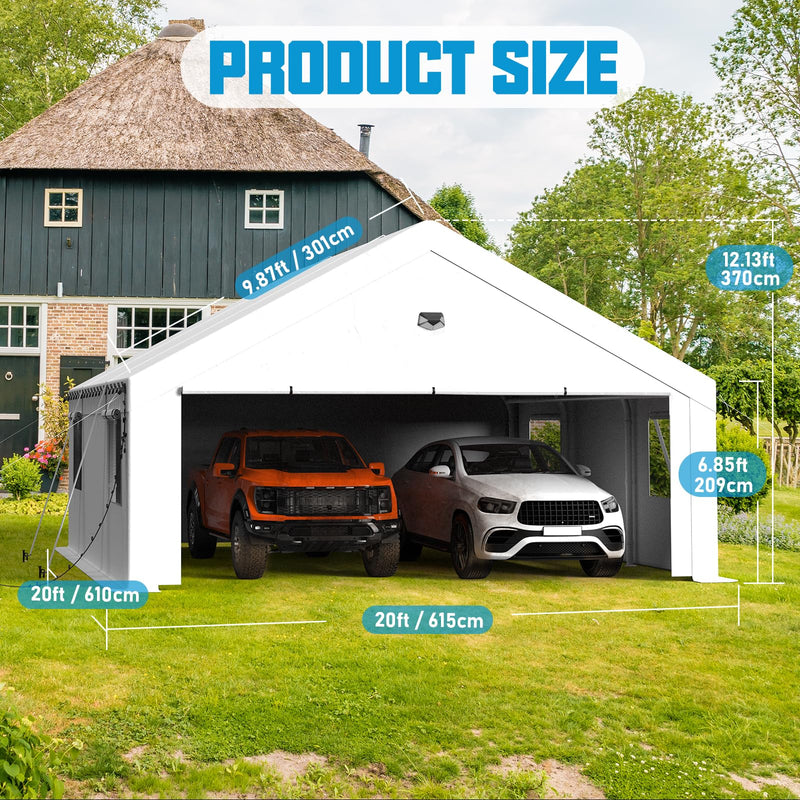 Benass 20x20 Carport, Heavy Duty Carport Canopy Garage with Removable Sidewalls and Drive Through Roll Up Doors Zipper, White