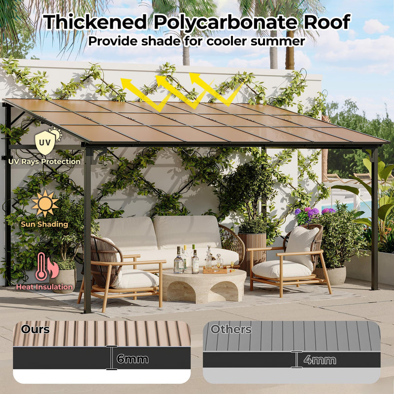 12’ x 14’ Gazebo, Outdoor Pergolas and Gazebos on Clearance, Hard Top Lean to Gazebo with Metal Frame, Pergola Wall Mounted Pergola with Sloped Roof for Patio, Decks, Backyard