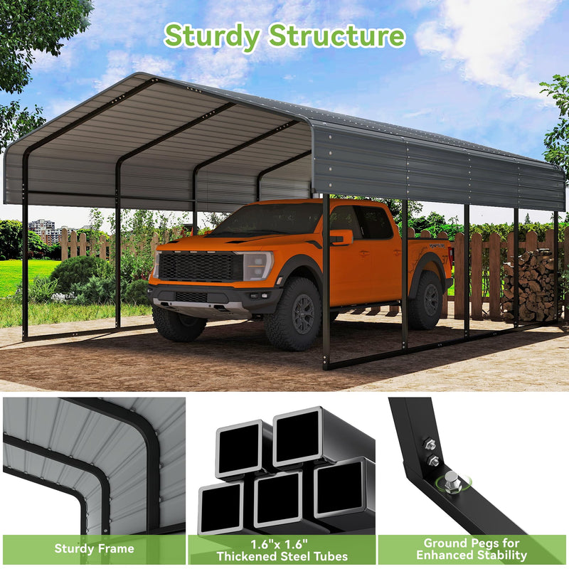 Real Relax 12X20 FT Carport with Galvanized Steel Roof, Heavy Duty Steel Frame Metal Carport Canopy, Large Garage Storage Shelter Shade for Boat, Pickup, Car, Tractors, Grey