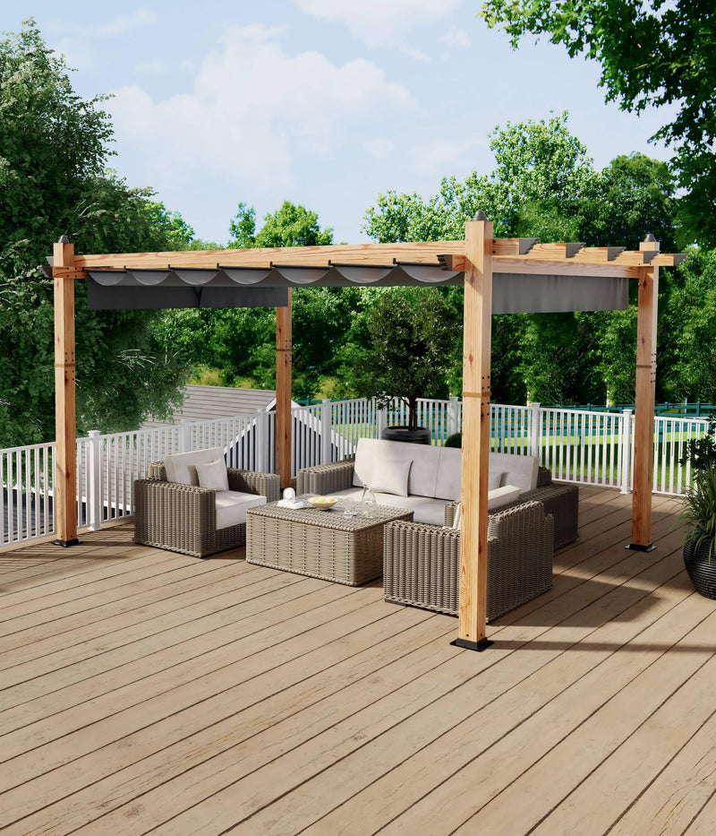 GarveeLife 10 x 13 Ft Wood-Grain Aluminum Pergola Outdoor Pergola with Retractable Canopy Sun Shade Shelter for Garden, Patio, Backyard, Deck - Gray