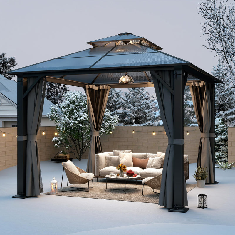 GARTOO 10x10FT Polycarbonate Hardtop Gazebo with Double Roof - Heavy-Duty Steel Frame Gazebo with Breathable Netting & Privacy Curtain for Patio, Porch, Garden, Lawn, Deck, Backyard