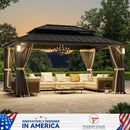 Modern Shade The Horizon Permanent Hardtop Gazebo 12' x 16' w/ 4 LED Lights, Outdoor Gazebo w/Galvanized Steel Double Roof, Patio Pavilion w/Decor Hooks, Mosquito Nettings, Black