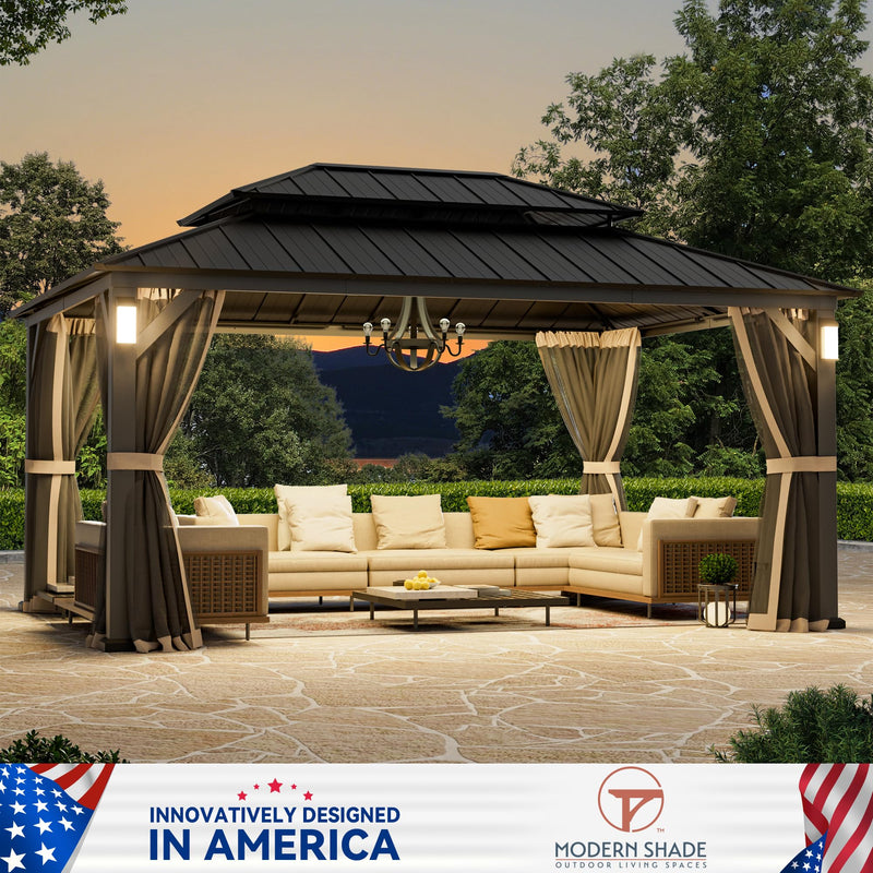 Modern Shade The Horizon Permanent Hardtop Gazebo 12' x 16' w/ 4 LED Lights, Outdoor Gazebo w/Galvanized Steel Double Roof, Patio Pavilion w/Decor Hooks, Mosquito Nettings, Black