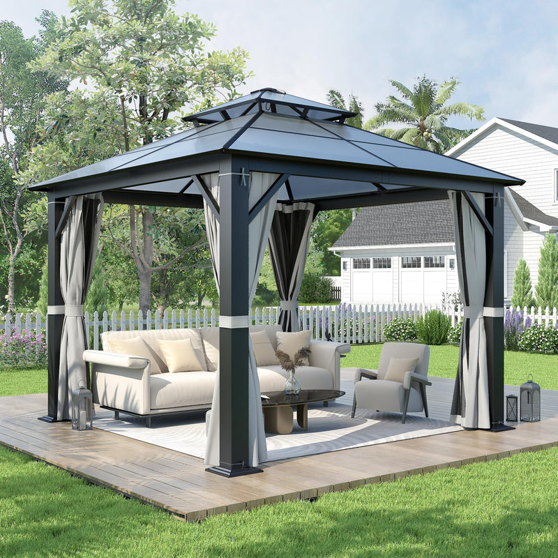 Howsvn 10'x10' Hardtop Gazebo, Upgrade Outdoor Polycarbonate Gazebos with Netting and Curtains, Heavy Duty Metal Pavilion for Patio, Backyard, Deck and Lawn