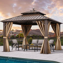 YITAHOME 10x10ft Hardtop Gazebo with Nettings and Curtains, Heavy Duty Double Roof Galvanized Steel Outdoor Combined of Horizontal Vertical Stripes Roof for Patio, Backyard, Deck, Lawn (Bronze)