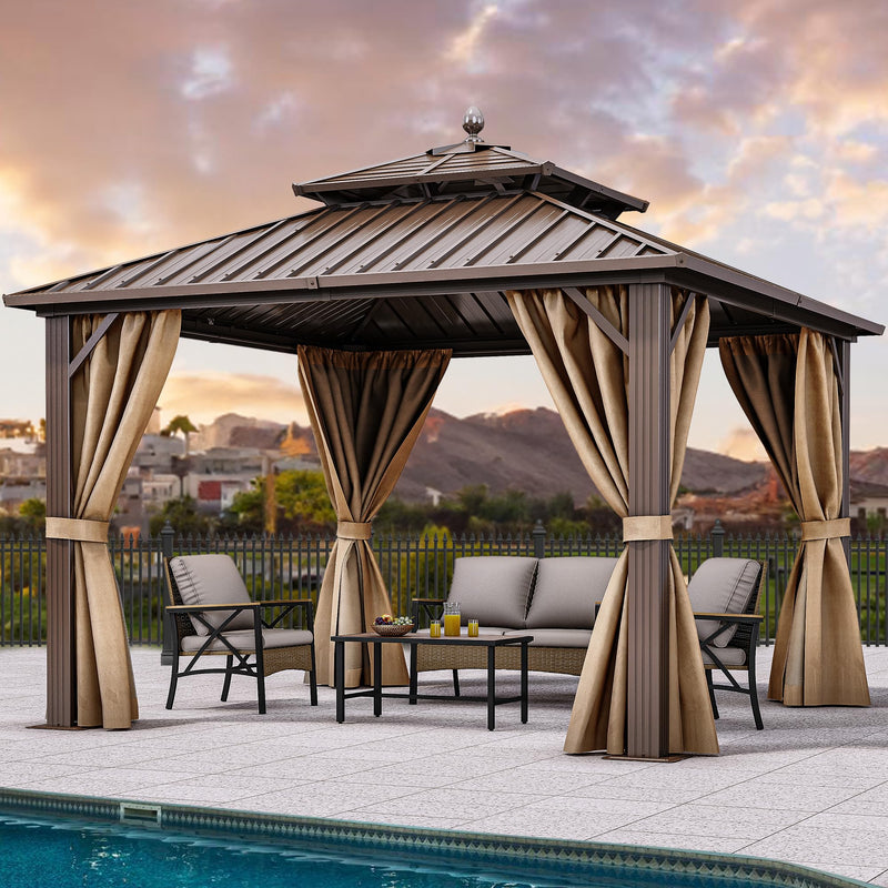 YITAHOME 10x10ft Hardtop Gazebo with Nettings and Curtains, Heavy Duty Double Roof Galvanized Steel Outdoor Combined of Horizontal Vertical Stripes Roof for Patio, Backyard, Deck, Lawn (Bronze)