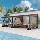 Gotland 10FTx24FT Outdoor Wall-Mounted Hardtop Pergola, Metal Frame Gazebo with Sloping Sun Panel Roof and Double Curtains for Patio, Garden, Lawn, Grey