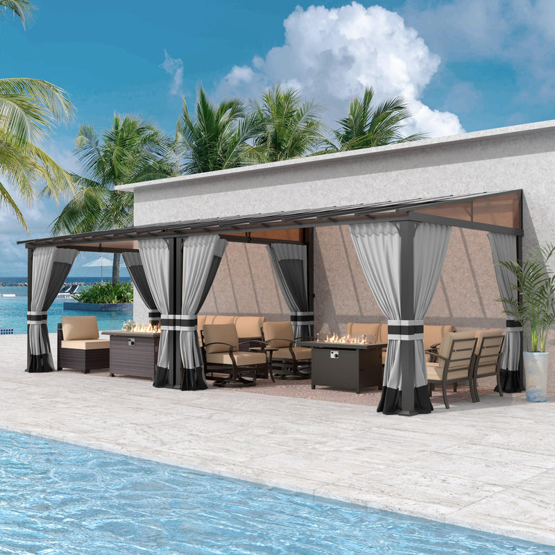 Gotland 10FTx24FT Outdoor Wall-Mounted Hardtop Pergola, Metal Frame Gazebo with Sloping Sun Panel Roof and Double Curtains for Patio, Garden, Lawn, Grey