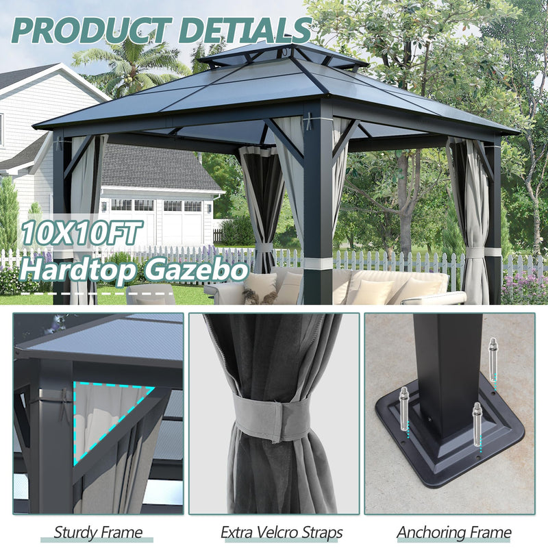 Howsvn 10'x10' Hardtop Gazebo, Upgrade Outdoor Polycarbonate Gazebos with Netting and Curtains, Heavy Duty Metal Pavilion for Patio, Backyard, Deck and Lawn